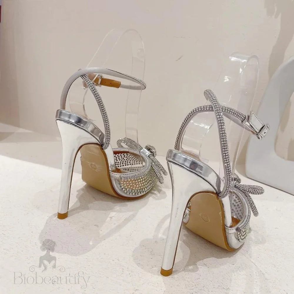 Transparent Silver Crystal Women Pumps With Ankle Strap And Thin High Heels