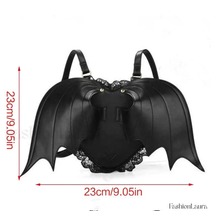 Trendy Daypack Bat PU Shopping Dating Lace Wing Gothic Backpack Bag Black