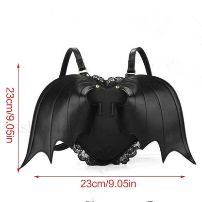 Trendy Daypack Bat PU Shopping Dating Lace Wing Gothic Backpack Bag Black