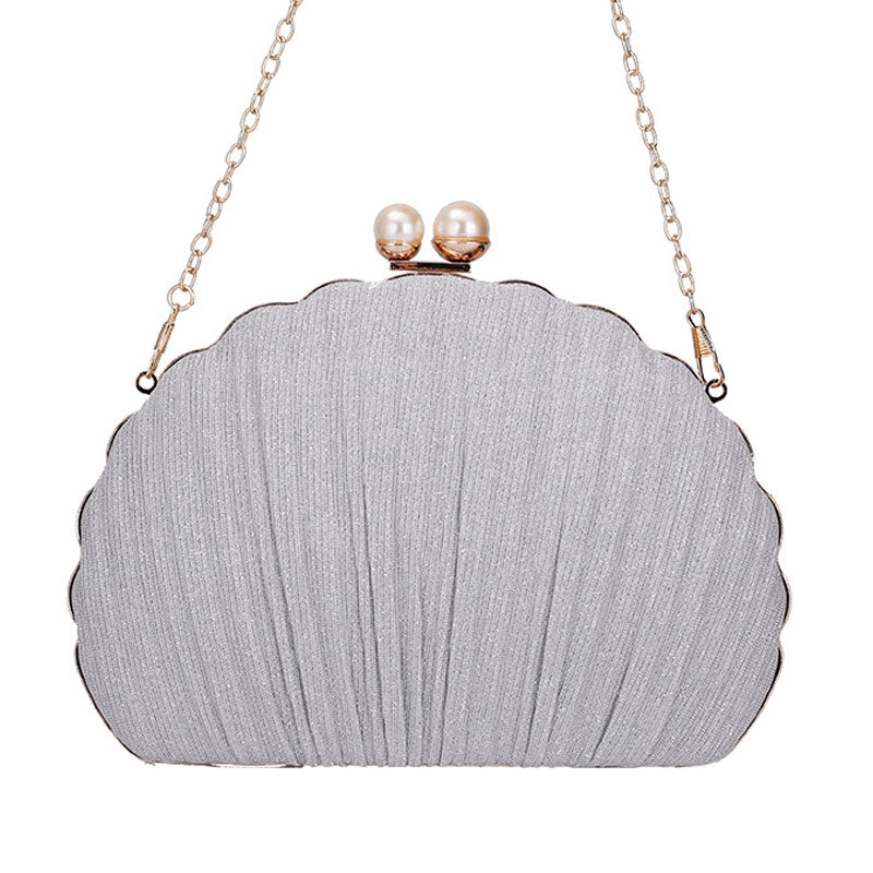 Scalloped Shell Pattern Ruched Silver Pear Clutch Bag