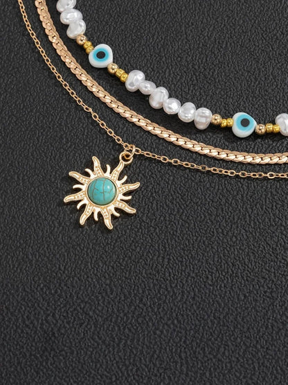 Turquoise And Pearl Layered Necklace With Bohemian Sunburst 디자인