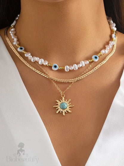 Turquoise And Pearl Layered Necklace With Bohemian Sunburst 디자인