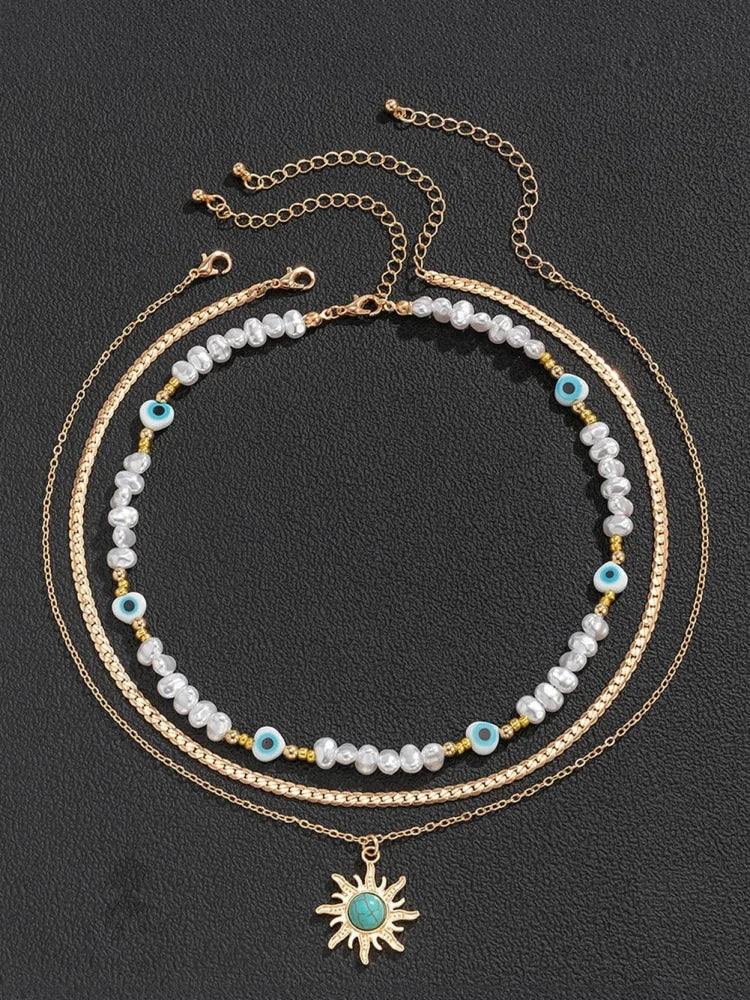 Turquoise And Pearl Layered Necklace With Bohemian Sunburst 디자인