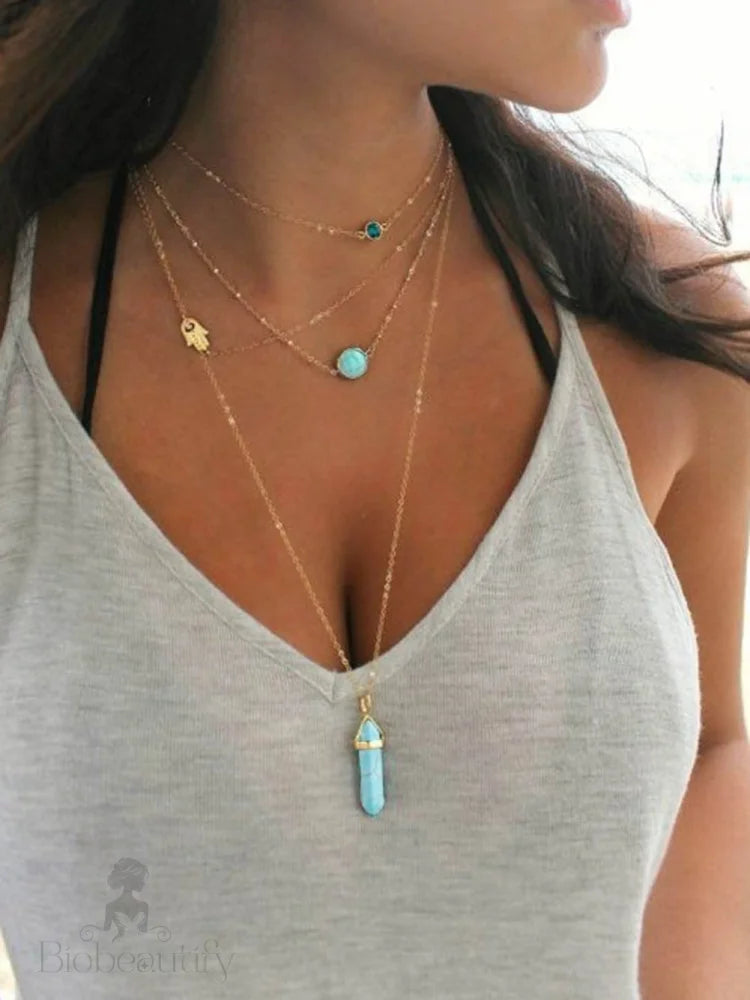 Turquoise Pendant Layered Necklace In Boho-Chic Gold