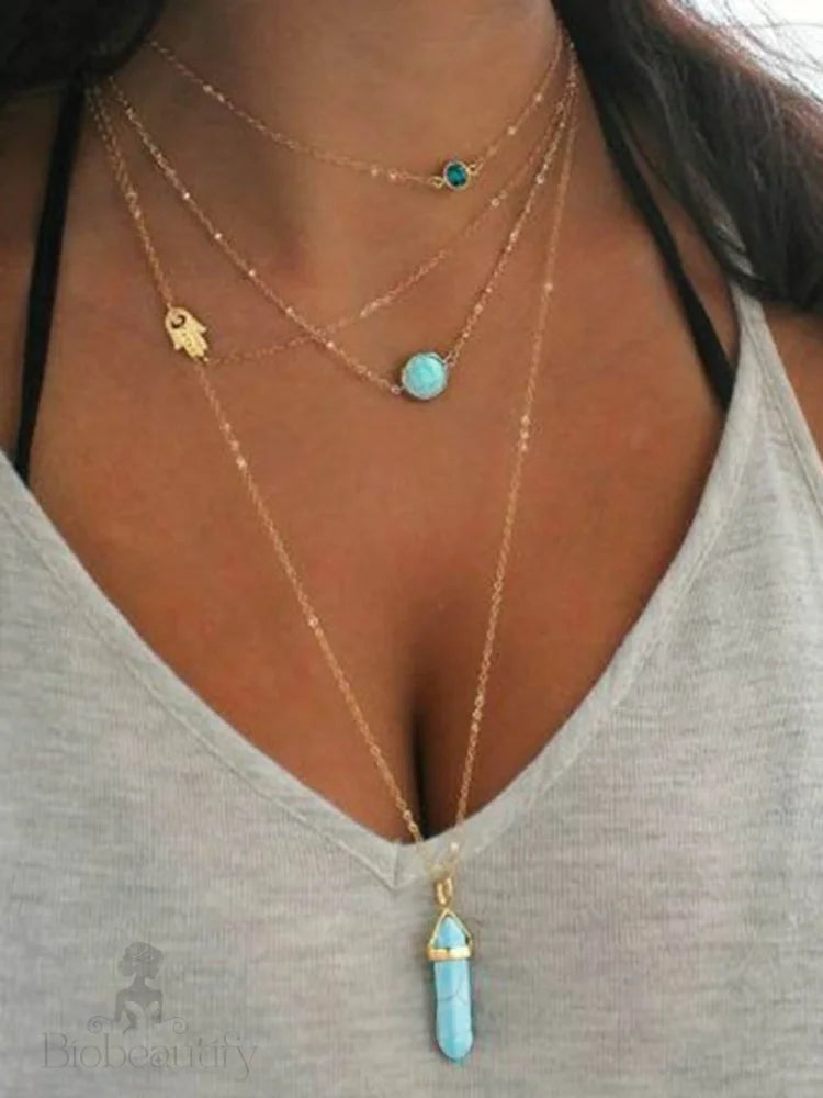 Turquoise Pendant Layered Necklace In Boho-Chic Gold