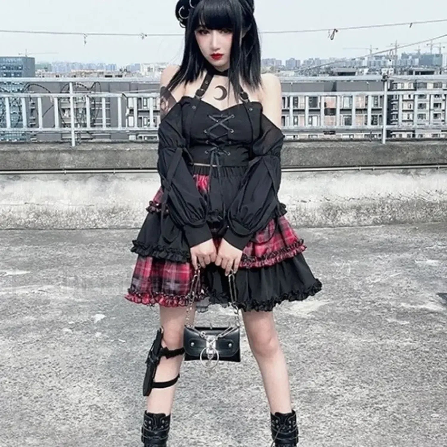 Two Dimensional Dark Petticoat Cosplay Skirt: Red Plaid Stitching High Waist A line Design for Spice Girls RED / One