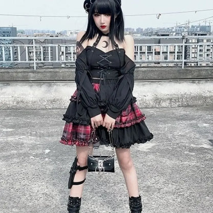Two Dimensional Dark Petticoat Cosplay Skirt: Red Plaid Stitching High Waist A line Design for Spice Girls RED / One