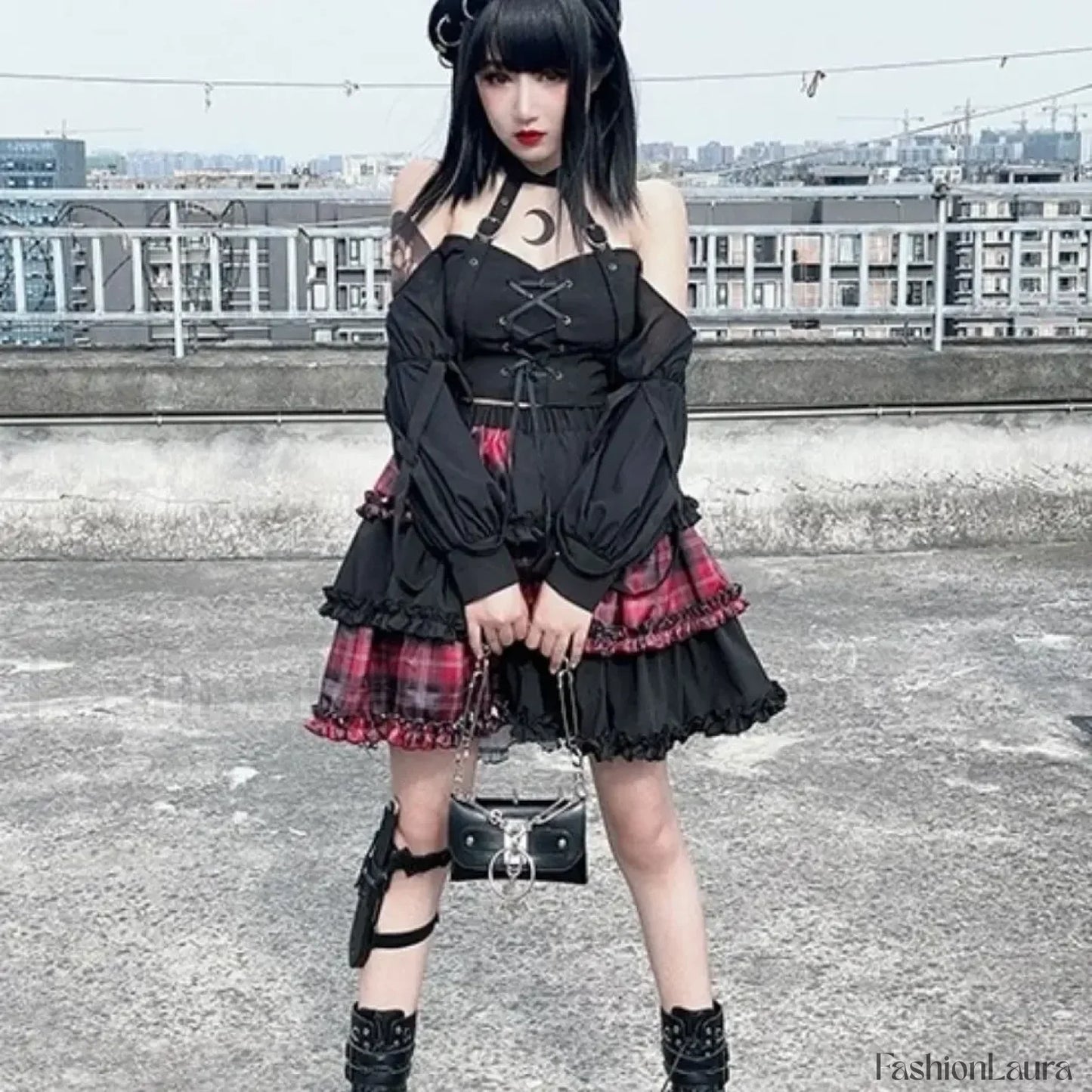 Two Dimensional Dark Petticoat Cosplay Skirt: Red Plaid Stitching High Waist A line Design for Spice Girls RED / One