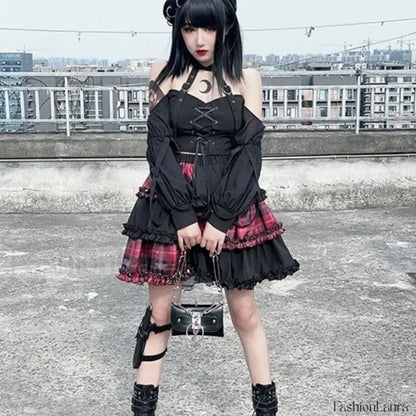 Two Dimensional Dark Petticoat Cosplay Skirt: Red Plaid Stitching High Waist A line Design for Spice Girls RED / One
