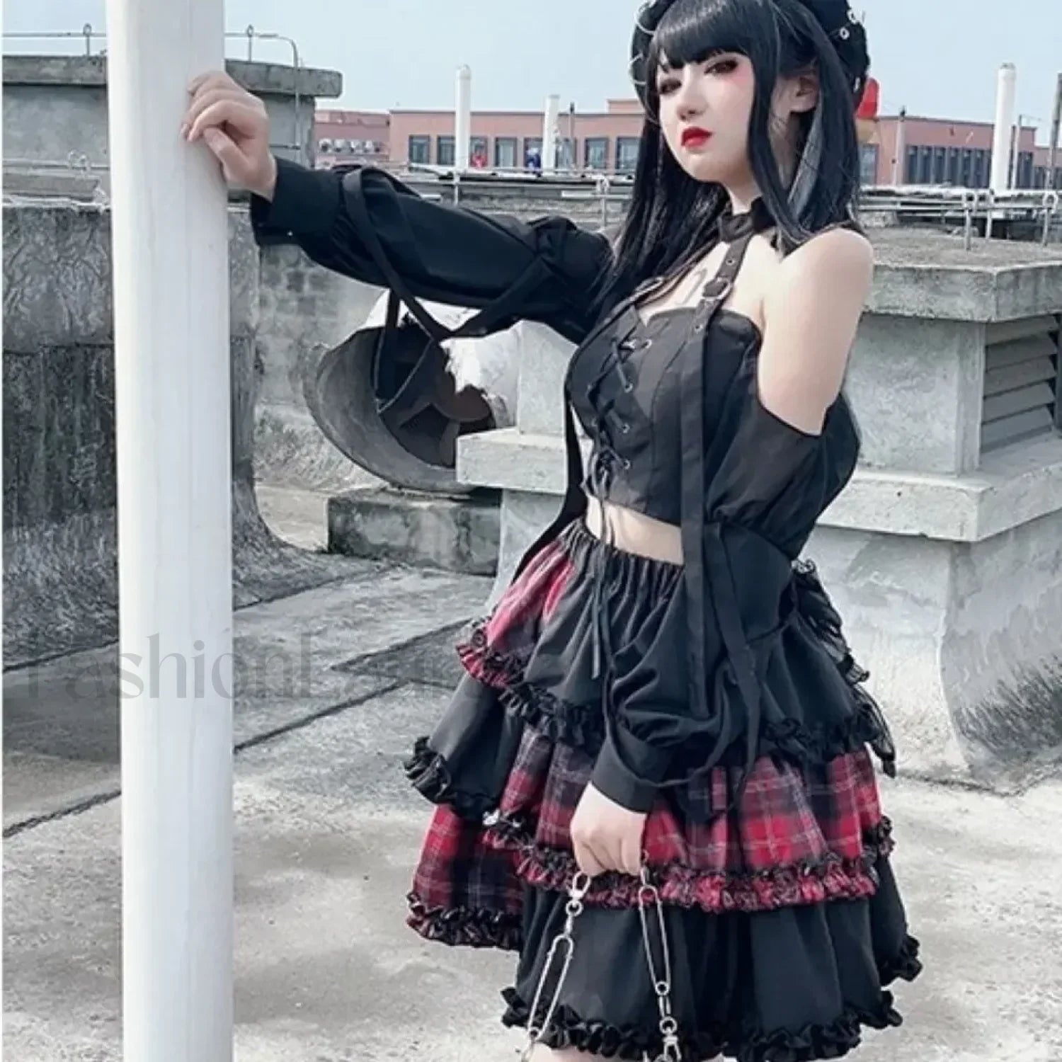 Two Dimensional Dark Petticoat Cosplay Skirt: Red Plaid Stitching High Waist A line Design for Spice Girls RED / One