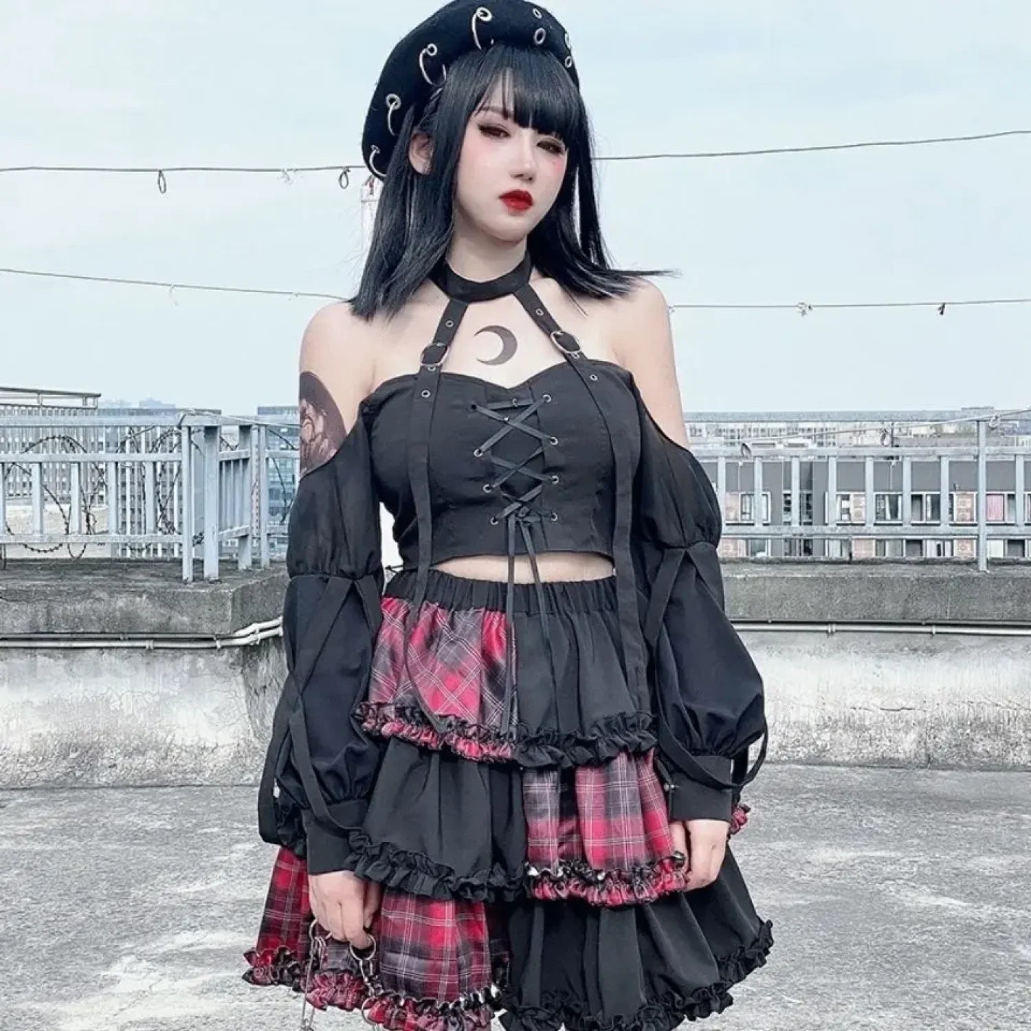 Two Dimensional Dark Petticoat Cosplay Skirt: Red Plaid Stitching High Waist A line Design for Spice Girls RED / One