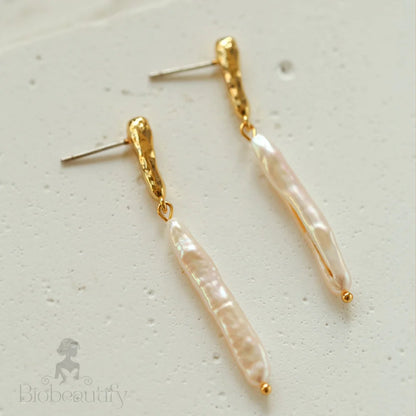 Two Tone 18K Gold Plated Baroque Pearl Drop Earrings