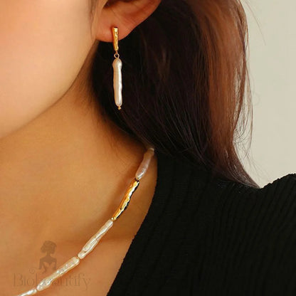 Two Tone 18K Gold Plated Baroque Pearl Drop Earrings / One Size