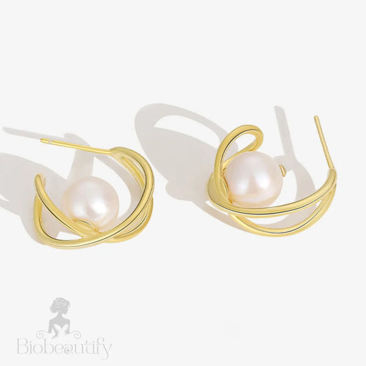 Two Tone 18K Gold Plated Baroque Pearl Hoop Earrings / One Size