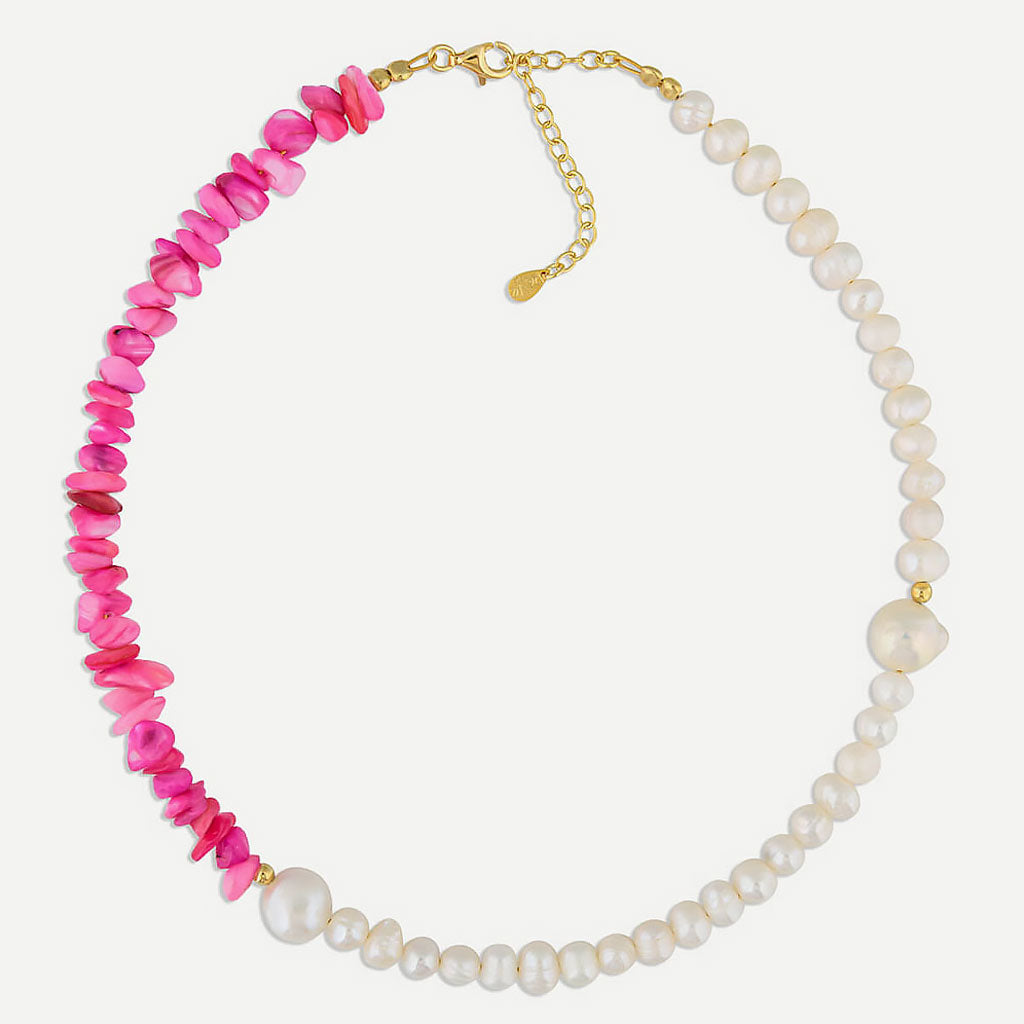 Two Tone Gold Plated Natural Stone Pearl Beaded Choker Necklace Hot Pink / One Size
