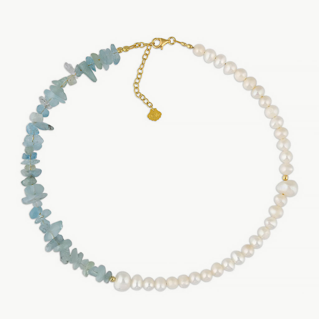 Two Tone Gold Plated Natural Stone Pearl Beaded Choker Necklace Light Blue / One Size