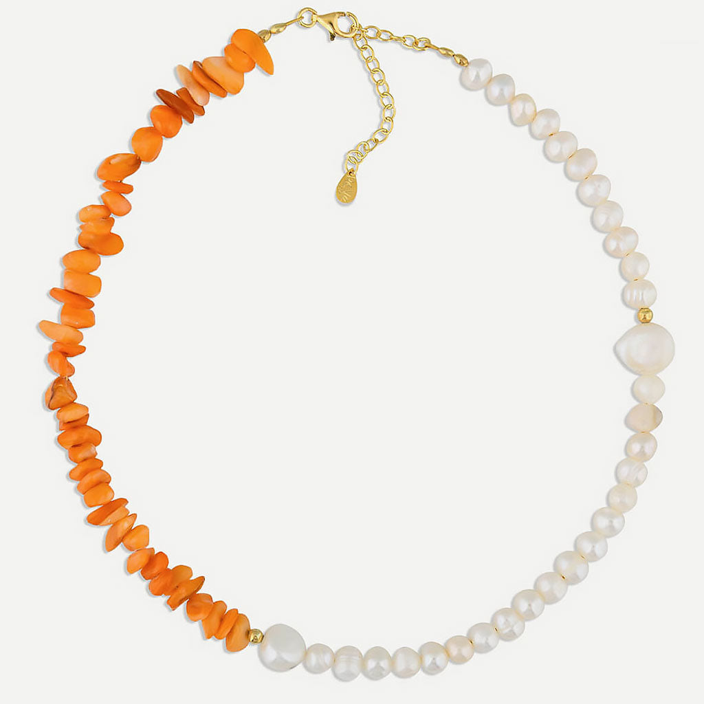 Two Tone Gold Plated Natural Stone Pearl Beaded Choker Necklace Orange / One Size