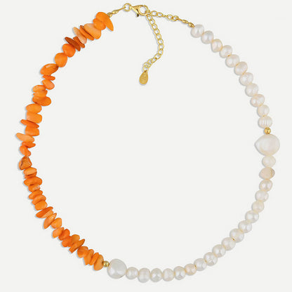 Two Tone Gold Plated Natural Stone Pearl Beaded Choker Necklace Orange / One Size
