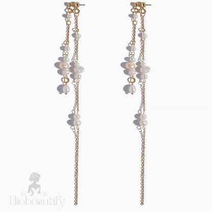 Two Tone Cable Chain Pearl Drop Earrings In 18K Gold Plated Chic Design / One Size