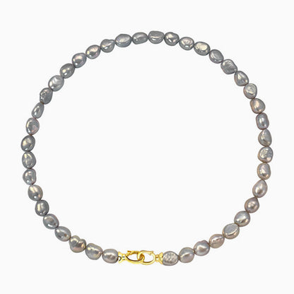 Gray Baroque Freshwater Pearl Choker Necklace With Double Clasp And Two Tone Design Gold / One Size