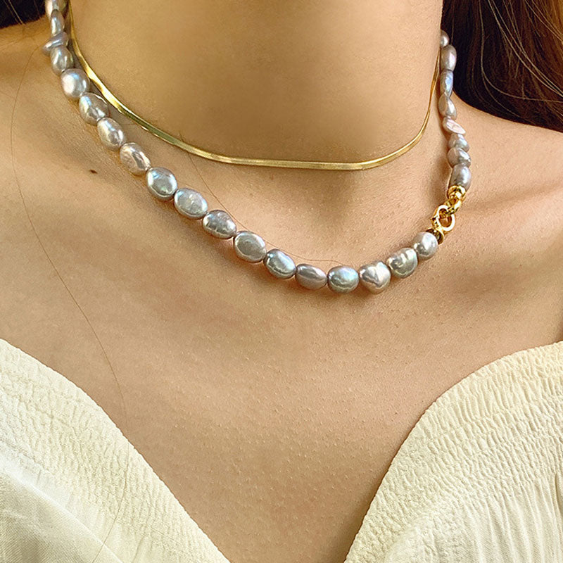Gray Baroque Freshwater Pearl Choker Necklace With Double Clasp And Two Tone Design