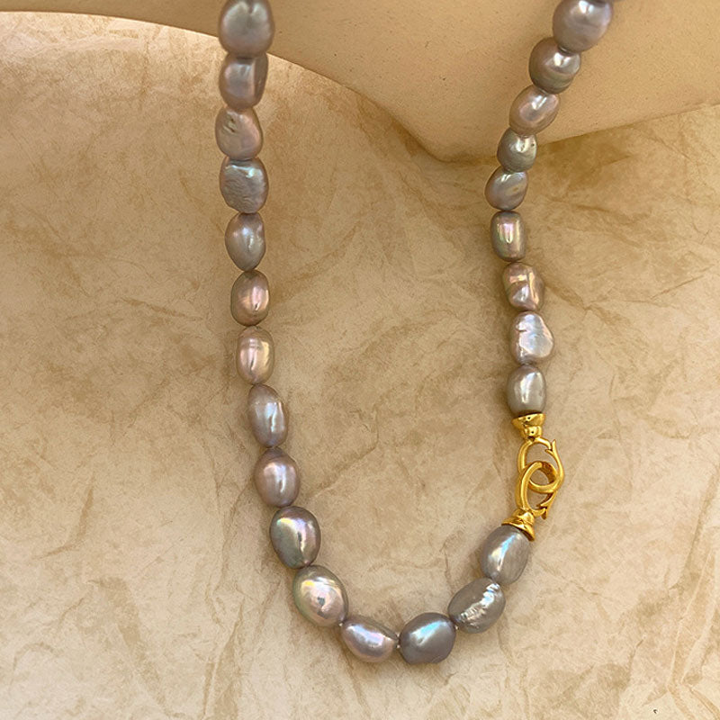 Gray Baroque Freshwater Pearl Choker Necklace With Double Clasp And Two Tone Design