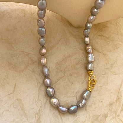 Gray Baroque Freshwater Pearl Choker Necklace With Double Clasp And Two Tone Design