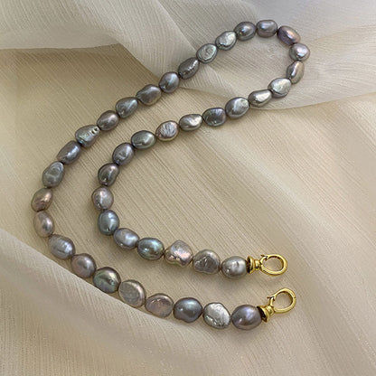 Gray Baroque Freshwater Pearl Choker Necklace With Double Clasp And Two Tone Design