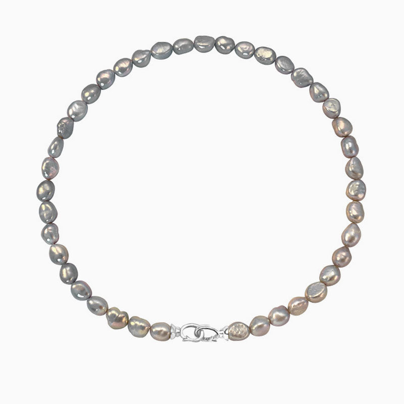 Gray Baroque Freshwater Pearl Choker Necklace With Double Clasp And Two Tone Design Silver / One