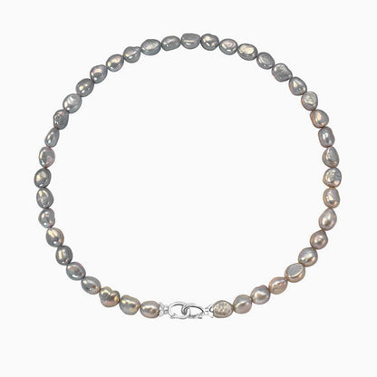 Gray Baroque Freshwater Pearl Choker Necklace With Double Clasp And Two Tone Design Silver / One