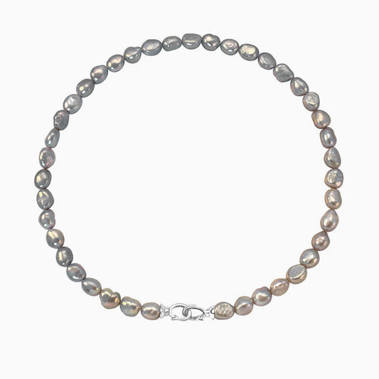 Gray Baroque Freshwater Pearl Choker Necklace With Double Clasp And Two Tone Design Silver / One
