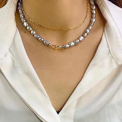 Gray Baroque Freshwater Pearl Choker Necklace With Double Clasp And Two Tone Design