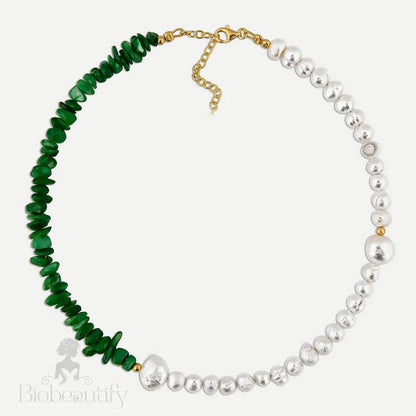 Two Tone Gold Plated Natural Stone Pearl Beaded Choker Necklace Green / One Size