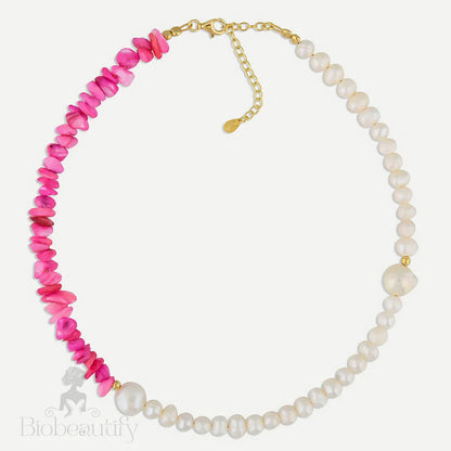 Two Tone Gold Plated Natural Stone Pearl Beaded Choker Necklace Hot Pink / One Size