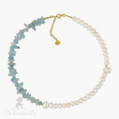 Two Tone Gold Plated Natural Stone Pearl Beaded Choker Necklace Light Blue / One Size