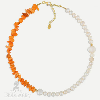 Two Tone Gold Plated Natural Stone Pearl Beaded Choker Necklace Orange / One Size