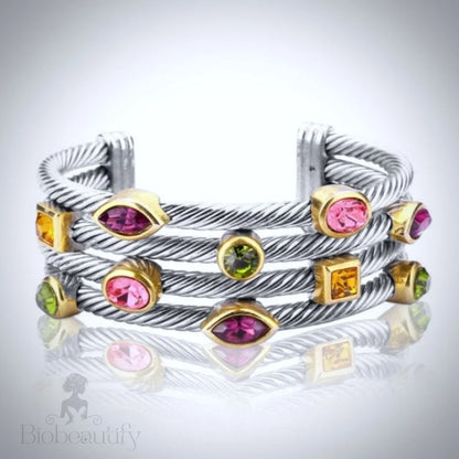 Two-Tone Multicolor Cubic Zirconia Cuff Bracelet - Blossom