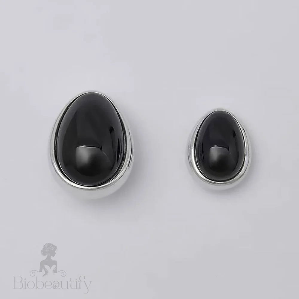 Two Tone Onyx And Sterling Silver Pebble Stud Earrings Black / Small