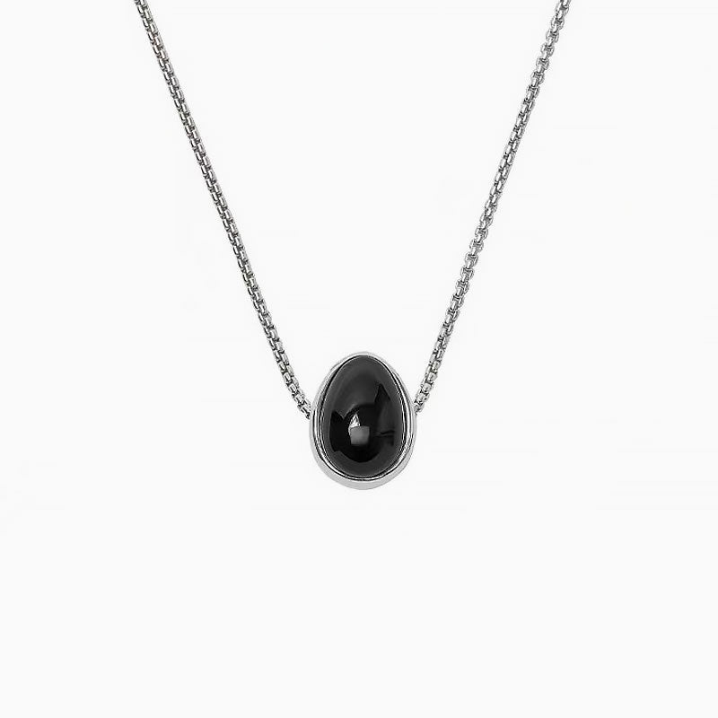 Onyx Pebble Pendant Necklace With Sterling Silver Plated Box Chain Black / Small