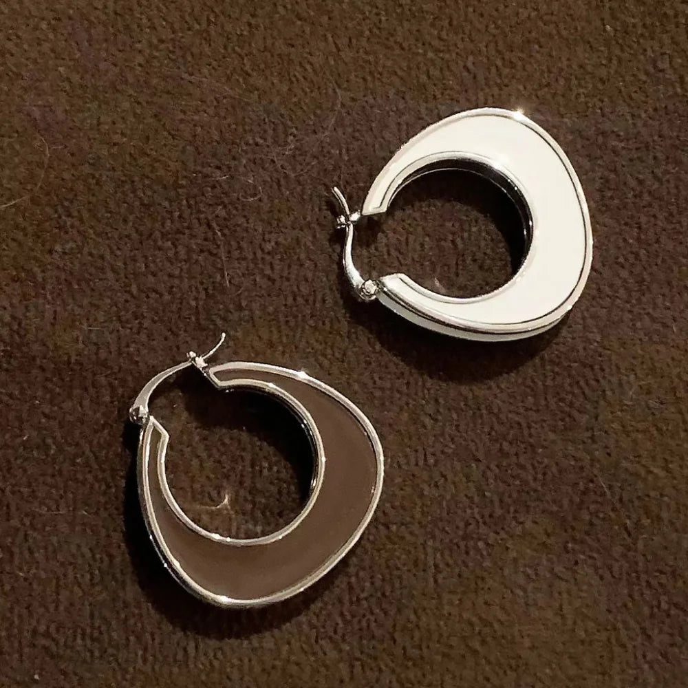 Two Tone Rhodium Plated Enameled Hoop Earrings