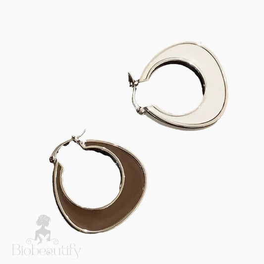 Two Tone Rhodium Plated Enameled Hoop Earrings Brown / One Size