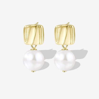 Sterling Silver Plated Two Tone Square Baroque Pearl Drop Earrings Gold / One Size