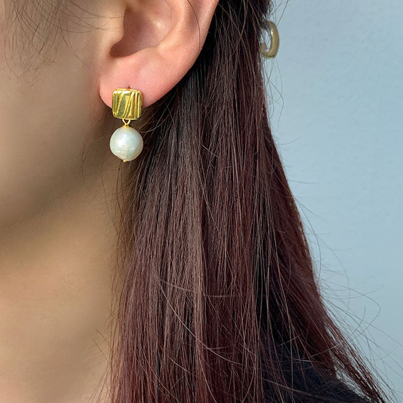 Sterling Silver Plated Two Tone Square Baroque Pearl Drop Earrings