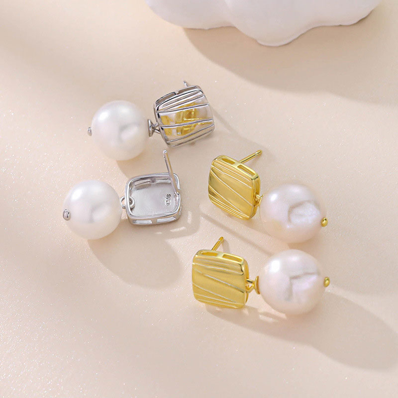 Sterling Silver Plated Two Tone Square Baroque Pearl Drop Earrings