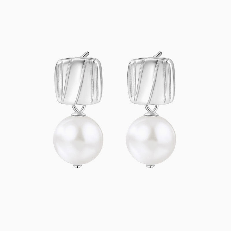 Sterling Silver Plated Two Tone Square Baroque Pearl Drop Earrings / One Size