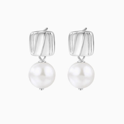Sterling Silver Plated Two Tone Square Baroque Pearl Drop Earrings / One Size