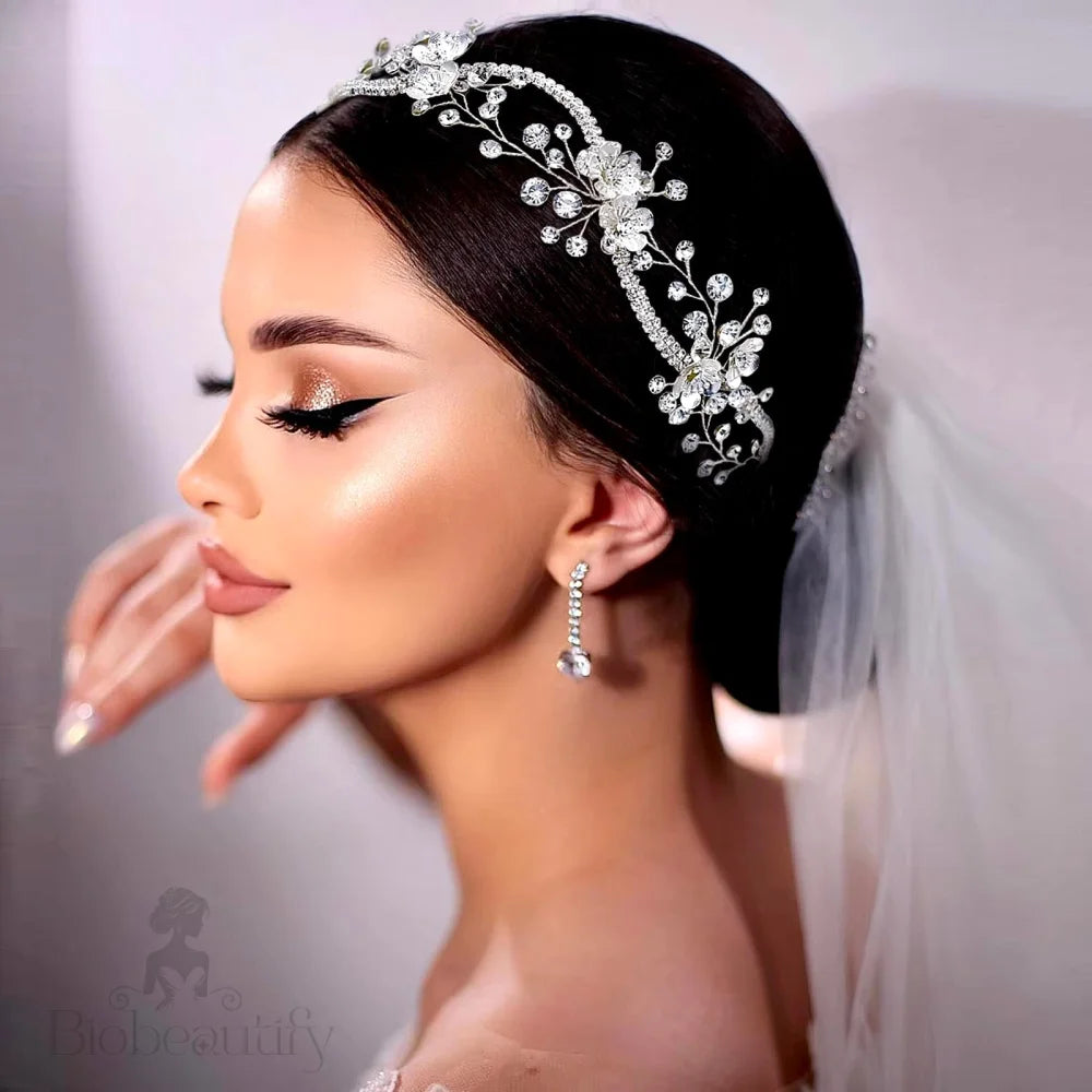 Tylaine Silver Bridal Headband With Crystal Embellishments