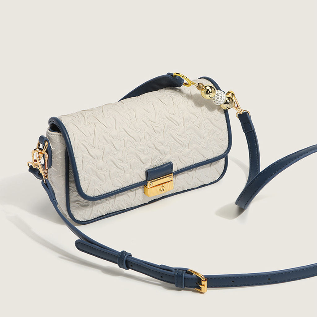 Bead Trimmed Buckled Ruched Shoulder Bag - White