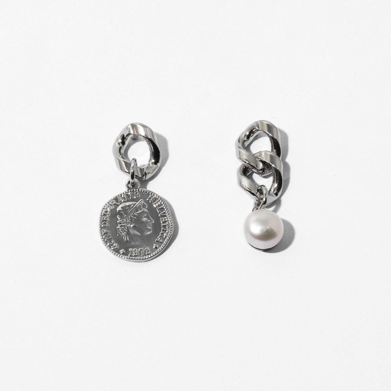 Coin Pearl Pendant Chunky Chain Earrings - Silver One Size /