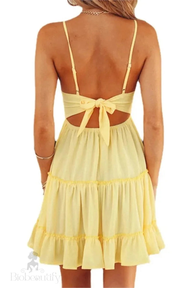 V-Neck Backless Lace-Up Mini Dress With Spaghetti Straps